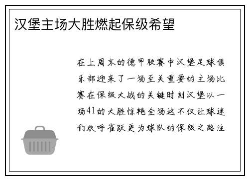 汉堡主场大胜燃起保级希望
